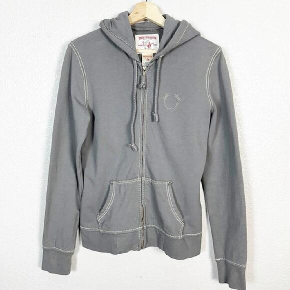 True Religion Unisex‎ Y2K Style Logo Full Zip Hooded Sweater in Grey Large